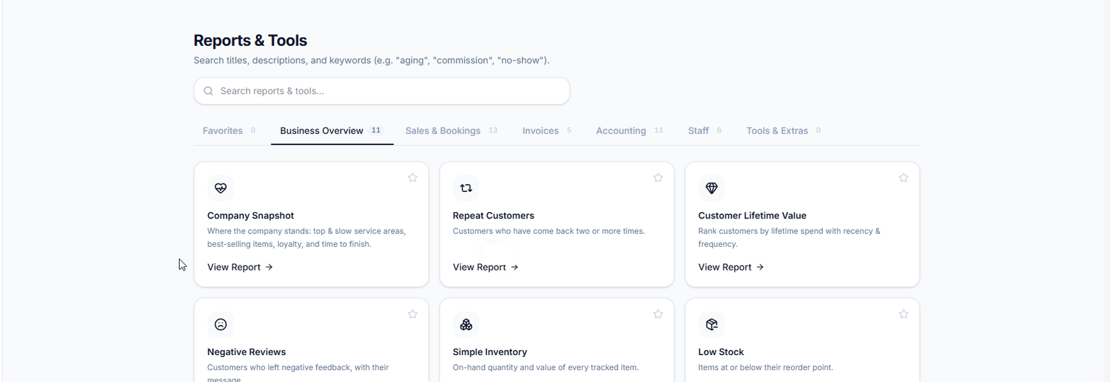 FinishBay reports hub with report categories
